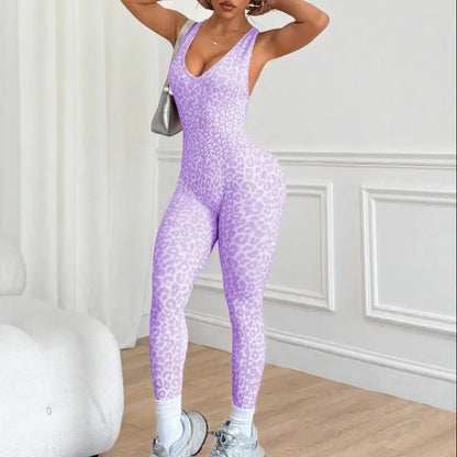 Women Sports Jumpsuits Leopard Deep V Bandage One Piece Yoga Pants Scrunch Workout Fitness Gym Training Athletic Tights Suits