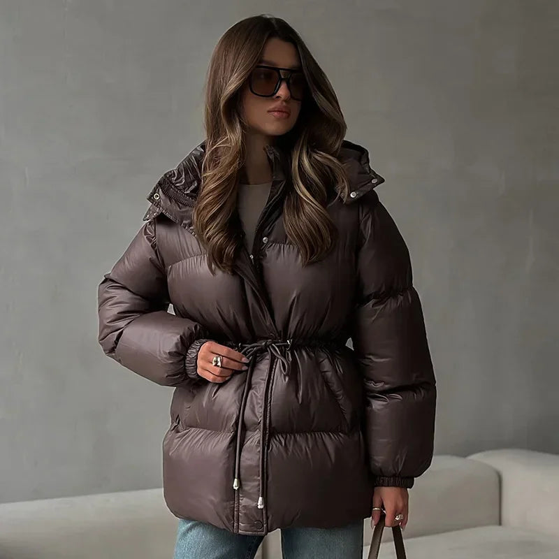 2026 Winter Warm Hooded Padded Cotton Coats Women Casual Drawstring Waist-closed Thick Jackets Female Chic Outerwear Lady New