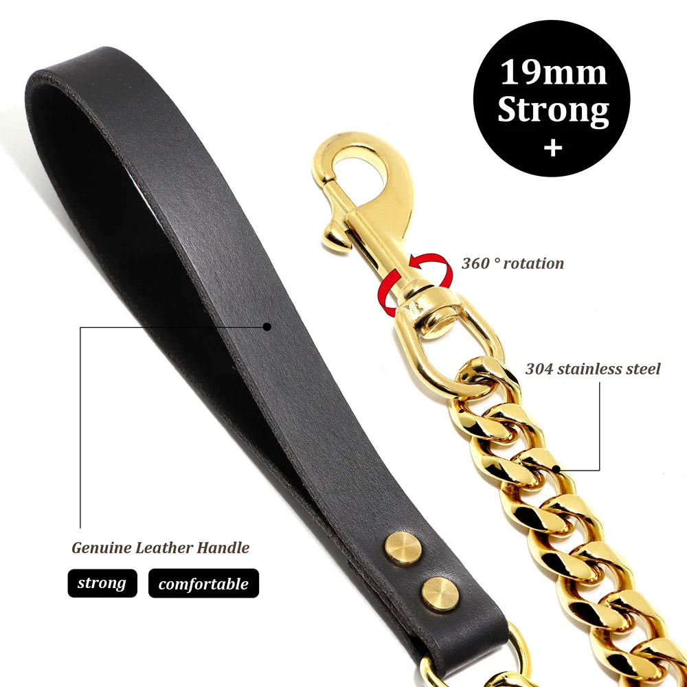 Traction Solid Super Strong Gold Collar Stainles Steel Dog Leash Pet Lead Chain 32mm 19mm Bulldog Pitbull Large Dog Collar Leash