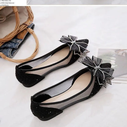 Women's Flat Mesh Shoes Diamond with Bow Pointed Toe Ladies Footwear Casual Non Slip Luxury Brand Elegant and Fashionable Y2k On