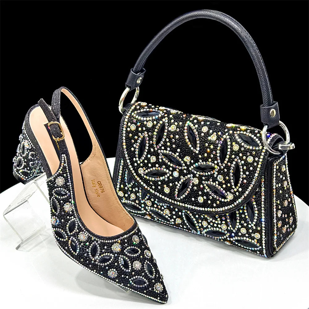 Elegant Women's Nigerian Fashion Pointed-Toe Party Shoe and Bag Set Rhinestone Luxurious Rhinestone Pumps for Special Occasions