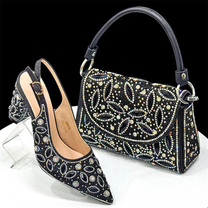 Elegant Women's Nigerian Fashion Pointed-Toe Party Shoe and Bag Set Rhinestone Luxurious Rhinestone Pumps for Special Occasions