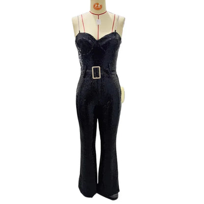 Fashion Wide Leg Sequin Jumpsuits Women Spring Backless Sleeveless Overall with Belt Female Elegant High Waist Chic Streetwear