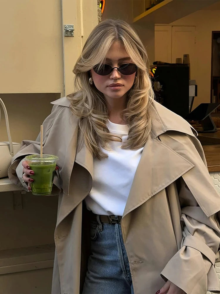Women Khaki Long Color-block Stripe Trench Coat Wide Lapel Loose Drop Shoulder Blue Lining Slit Windbreaker Commute Outing Coats