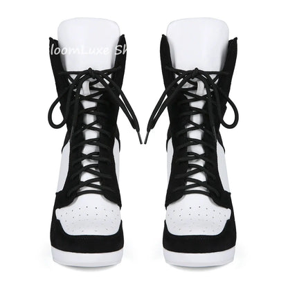 Round Toe Sports Lace Up Women's Short Boots 2026 Thick Sole Mixed Color Stilettos Autumn Winter New Street Style Casual Rock Bo