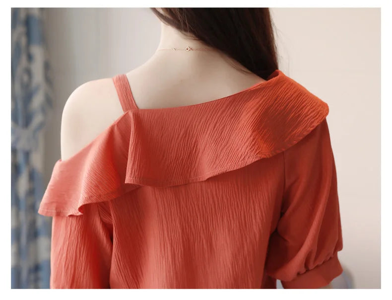 Women's Shirt Tops One-Shoulder Ruffles Short-sleeved Chiffon Blouse