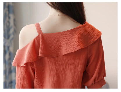 Women's Shirt Tops One-Shoulder Ruffles Short-sleeved Chiffon Blouse