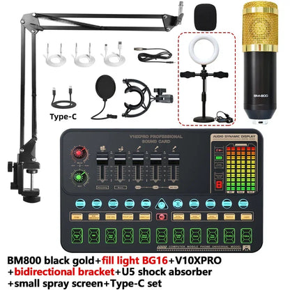 V10XPro Sound Card Studio Mixer Singing Noise Reduction Microphone Voice BM800 Live Broadcast Phone Computer Record V10X Pro set