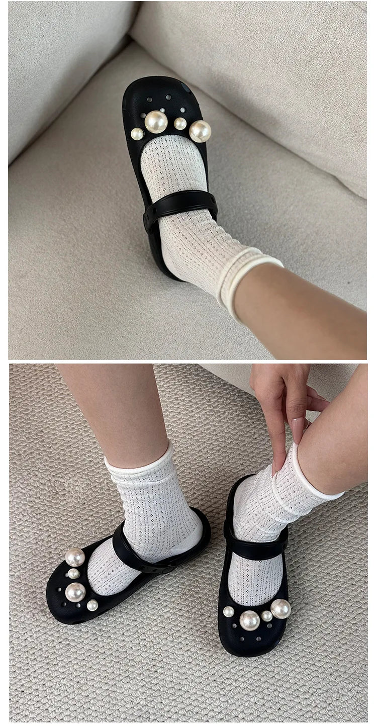 Clogs Summer Slippers Women Luxury Pearl Metal Flower Mary Janes Designer Ballet Shoes Girls Corc Charms Sandals Indoor Outdoor