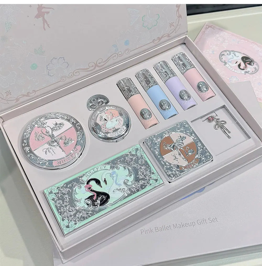 NICEKEY Makeup Kit Include 4 Matte Lipgloss,1 Face Blusher,1 Pressed Powder,1 Eyesshadow Palette,1 Contour Palette With Necklace