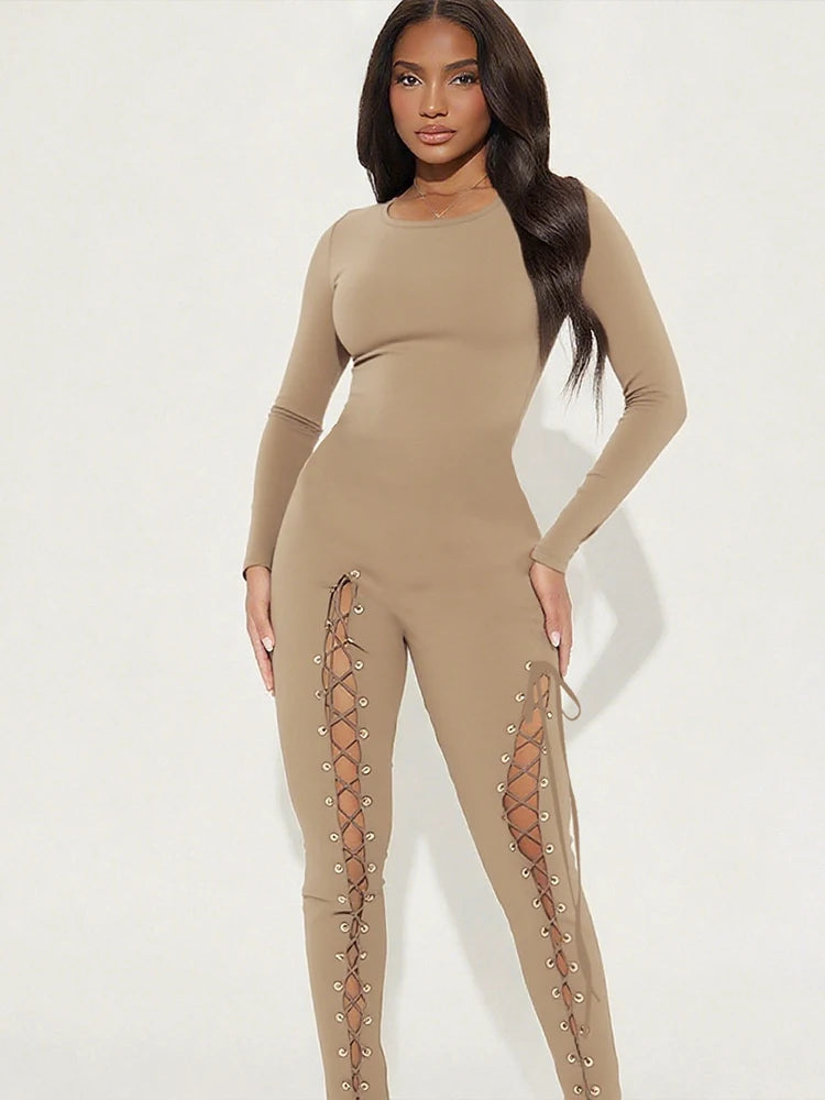Sisterlinda Sexy Fashion Jumpsuits Woman o-Neck Full Sleeve Shirring Hollow Skinny Peach Hip Hot Girls Midnight Party Clubwear