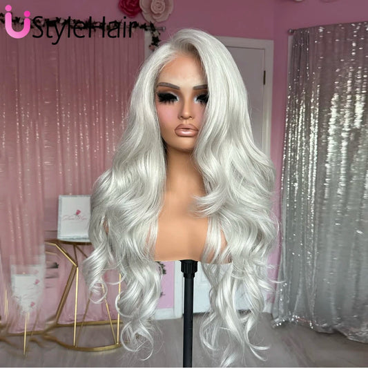 Light Silver Grey Lace Front Wig Long Body Wave Synthetic Hair Daily Wear Ash Platinum Wigs 13x4 Glueless Heat Resistant Fiber