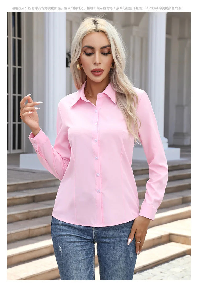 Women Elegant Solid Button Shirt Chiffon Blouse Spring Summer Casual Solid Long Sleeve Turn Down Collar Tunics OL Shirt Tops