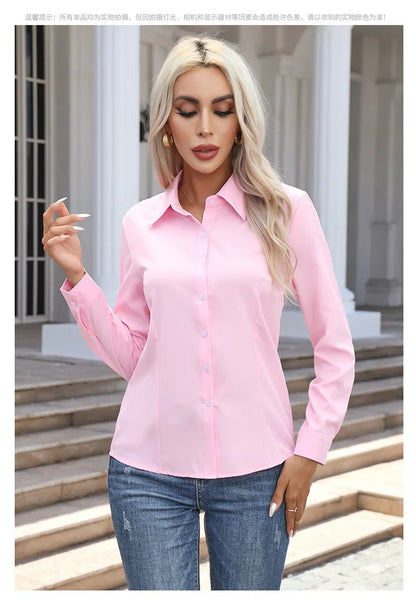 Women Elegant Solid Button Shirt Chiffon Blouse Spring Summer Casual Solid Long Sleeve Turn Down Collar Tunics OL Shirt Tops