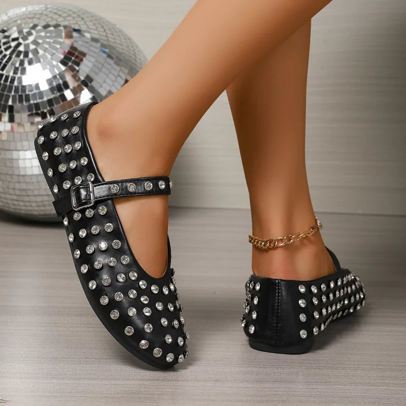 Women's Flat Dress Shoes Bottom Mary Jane Water Diamond Casual Dancing Shoes Genuine Leather Single Shoes Luxury Ballet Flats