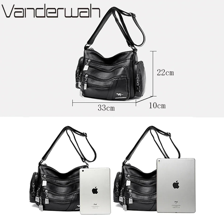 Many Pockets Women Leather Top-handle Bag Luxury Designer Female Shoulder Messenger Shopper Bags Brand Ladies Crossbody Handbags