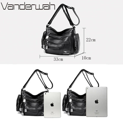 Many Pockets Women Leather Top-handle Bag Luxury Designer Female Shoulder Messenger Shopper Bags Brand Ladies Crossbody Handbags