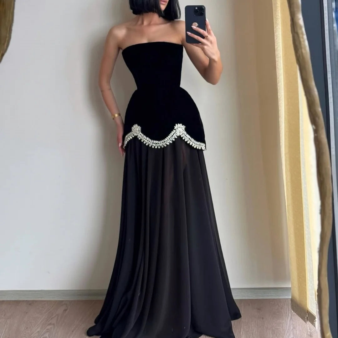 Bella Customized Black Glitter Strapless Backless robes de soirée SleevelessA-line Party Dresses Floor-Length Prom Dress 2026