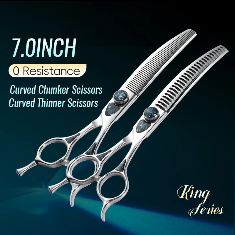 Fenice King Series 7/7.5Inch VG10 Shell Bearing Screws Dog Trimming Grooming Straight Curved Thinner Chunker Pet Scissors Tools