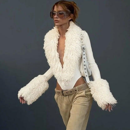 Ticketsx Sexy Tight Corsets Bodysuit For Women Faux Fur Deep V-neck Long Sleeve Slim New Lady Solid Rompers Streetwear Playsuits