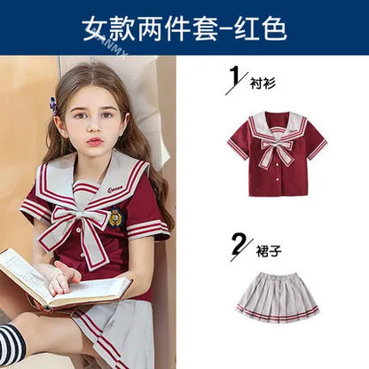 Kid Korean Japanese Striped School Uniform for Girls Boys Sailor Collar T Shirt Pleated Skirt Shorts Bow Clothes Student Outfit