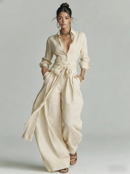Women Brown Jumpsuit  Outfit Lapel Long Sleeve Button Shirt High Waist Belt Tie Wide Leg Pants Elegant Office Vacation Jumpsuits