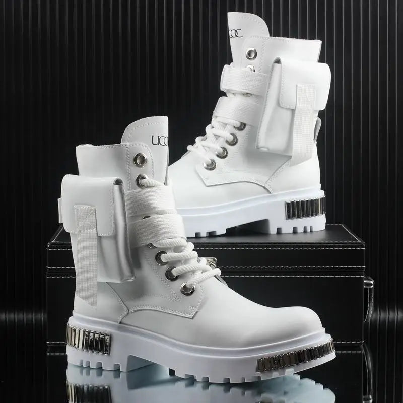 2025 White Men's High-Top Winter Velvet Warm British Medium Motorcycle Thick-Soled Boots