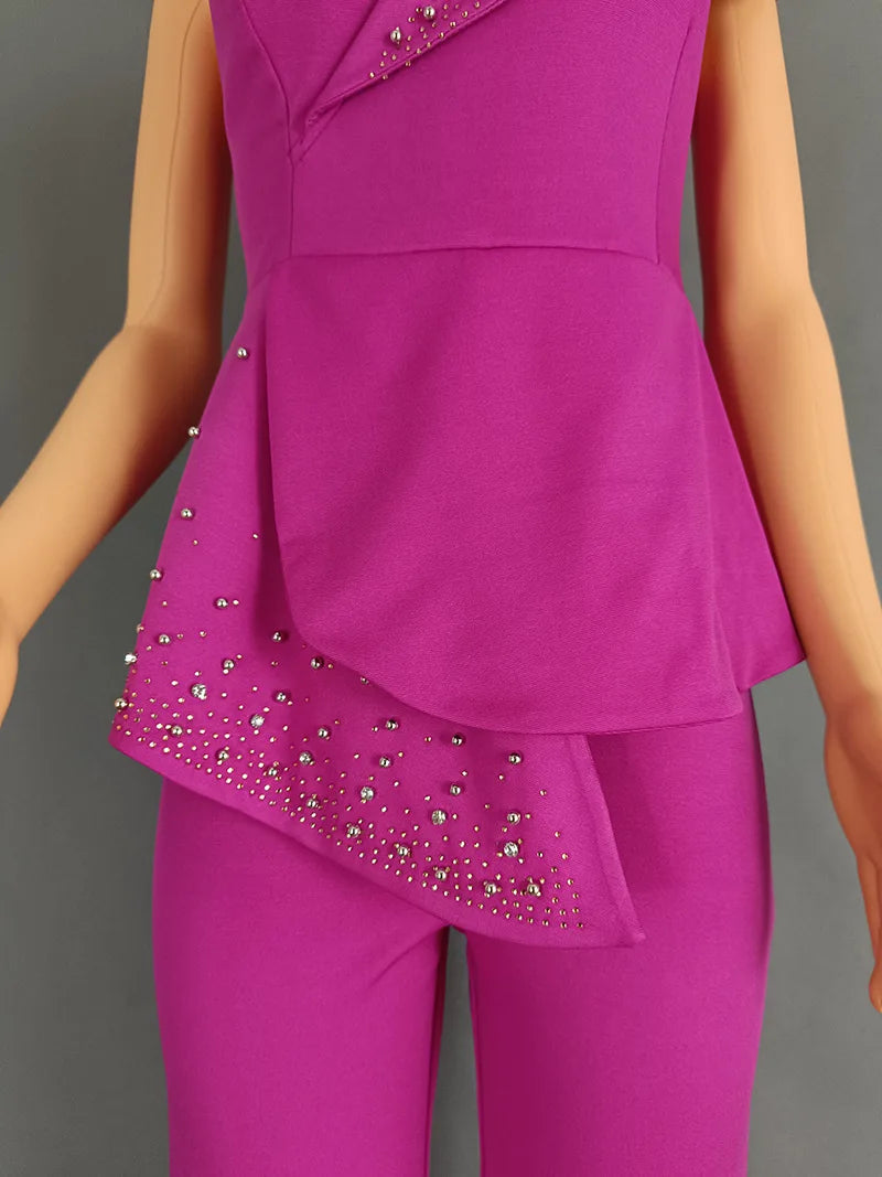 Women Jumpsuit One Shoulder Feather Diamond Peplum Party Fashion Female One Piece African Event Occasion Rompers New Summer 2024
