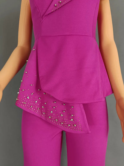 Women Jumpsuit One Shoulder Feather Diamond Peplum Party Fashion Female One Piece African Event Occasion Rompers New Summer 2024