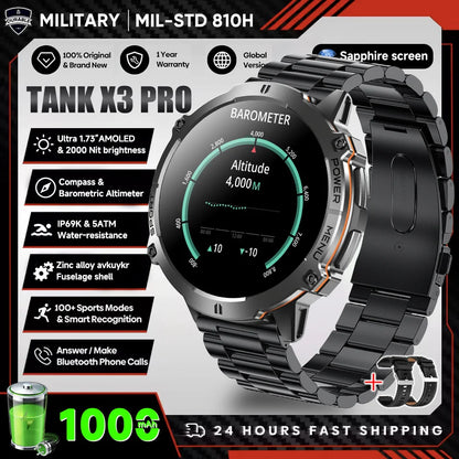 2026 New Military TANK X3 1000mAh Battery Smart Watch Men 10ATM Waterproof Swim GPS Path 1.75" AMOLED HD Call Sports Smartwatch