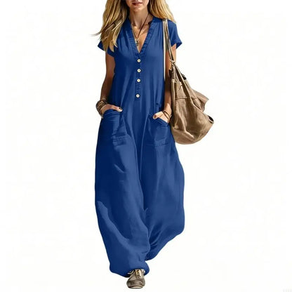 Jumpsuits for Women Linen Button Short Sleeve Jumpsuits Wide Leg V Neck Rompers Vacation Clothes with Pockets 6XDA