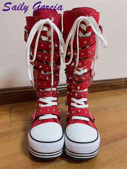 Festival Rave Orange Platform Boots Punk Rivet Buckle Straps Knee High Boots 2026 Fashion Thick Sole Women Shoes Party Footwear