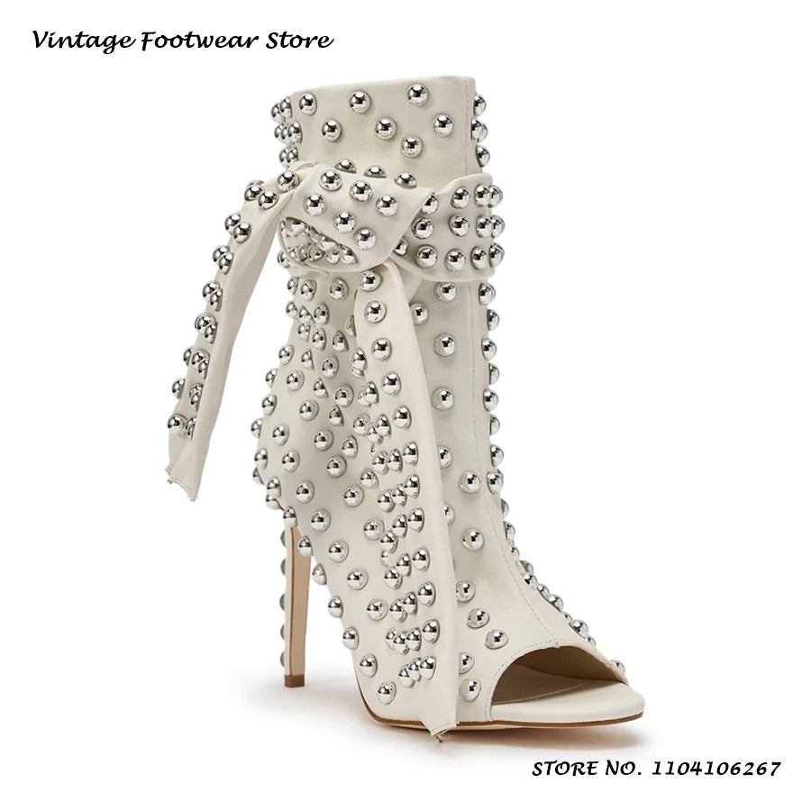 Studded Embellished Summer Boots Chic Round Open Toe Thin Heels Party Outfits Shoes Women's Fashion Casual Lace-up Ankle Boots