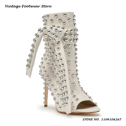 Studded Embellished Summer Boots Chic Round Open Toe Thin Heels Party Outfits Shoes Women's Fashion Casual Lace-up Ankle Boots
