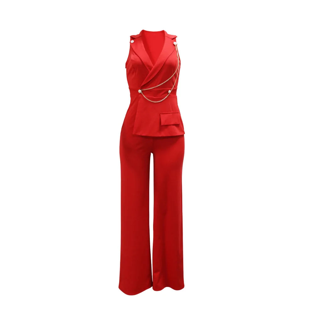 CMYAYA Elegant Womenv-neck High Waist Straight Sleeveless Blazer Jumpsuits 2024 Fall Street Chain Office Lady Party Rompers
