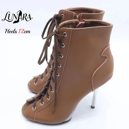 12cm/5Inch Plus size Beige PU Leather Lace-up Side zipper Peep toe High Stilettos Ankle boot Pole dancing Nightclub Rave Parties