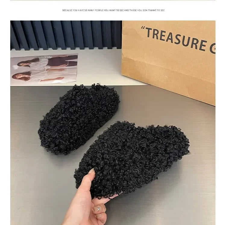 Thick Heel Luxury Lambwool Mules  Winter Shoes Woman Flip Flops Flat Cover Toe Slides Ins Warm Curly Lamb Fur Slippers Women