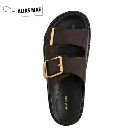 ALIAS MAE Women's Genuine Leather Double-Strap Slippers Vintage Gold Buckle Streetwear Beach Sandals Minimalist Luxury Style