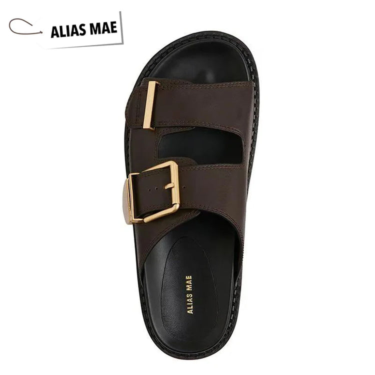 ALIAS MAE Women's Genuine Leather Double-Strap Slippers Vintage Gold Buckle Streetwear Beach Sandals Minimalist Luxury Style