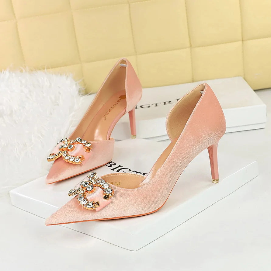 BIGTREE Party Pumps 7cm Thin High Heels Western Style Velvet Shallow Pointed Toe Side Hollow Crystal Pearl Bow Lady Shoes Pink