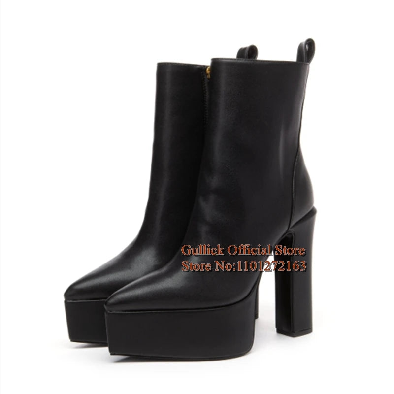 Sexy Pointed Toe Platform Chunky Heels Women Ankle Boots Black Matte Leather Side Zipper Block Heels  Short Booties
