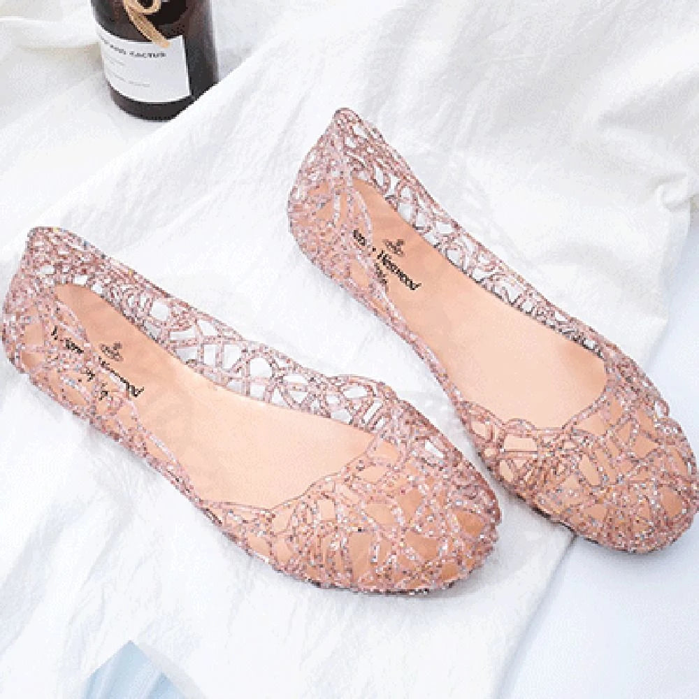 Comfortable Flat-soled Women Sandals Clear Shallow Mouth Beach Jelly Shoes Breathable Hollow Out Bling Sandals Footwear