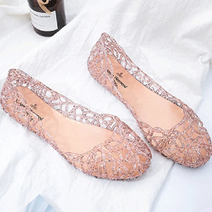 Comfortable Flat-soled Women Sandals Clear Shallow Mouth Beach Jelly Shoes Breathable Hollow Out Bling Sandals Footwear