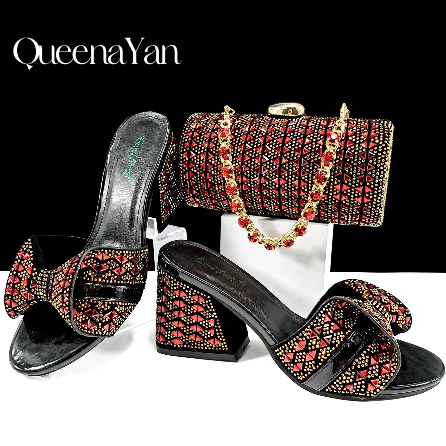 QSGFC Italian Fashion Banquet Shoes and Bags African Women's Hand Bags with Rhinestone Decoration and Women's High Heels
