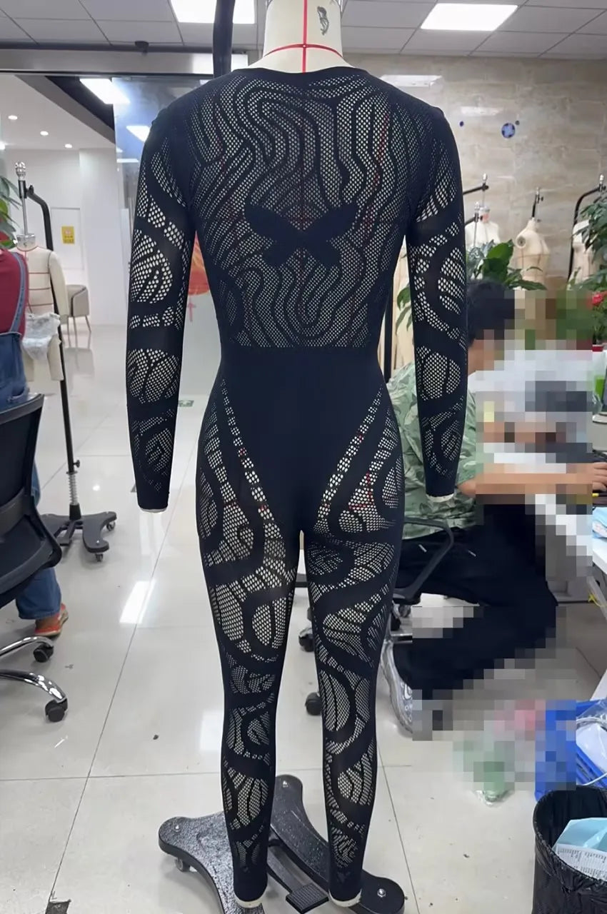 Sheer Mesh Cutout Jumpsuit, Black Long-Sleeve Bodycon Catsuit with Chest Cutouts, Night Out & Festival Wear