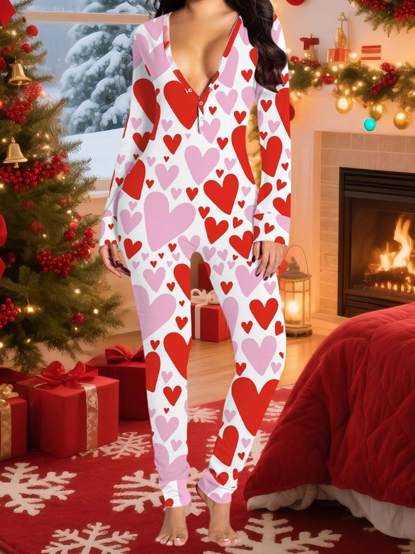 Christmas Women's Jumpsuit Pajamas Long Sleeve V Neck Themed Print Bodysuit Sleepwear with Drop Seat Butt Flap