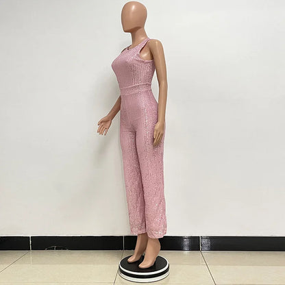 Bling Bling Sequined Club Jumpsuit Sexy Women O-neck Elegant Shiny Sliver Gold Sequins Straight Romper Overalls