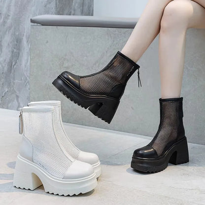 Square Heel Single Boots Summer New Round Head Splicing Mesh Back Zipper Waterproof Platform Non-slip Short Boots
