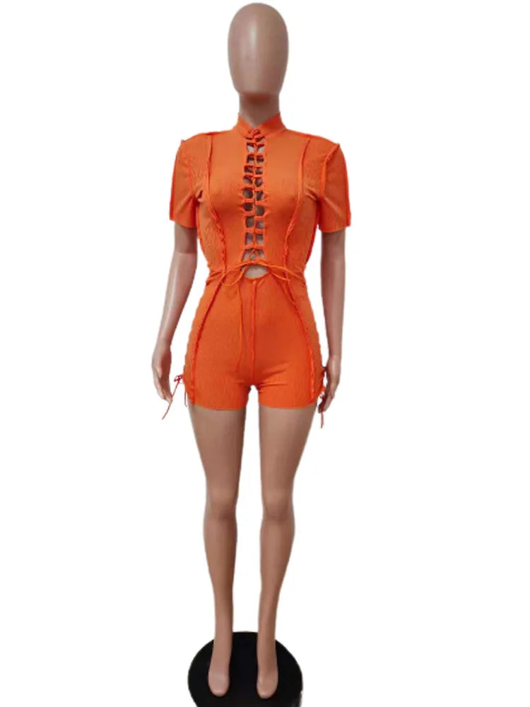 Wholesale Streetwear Jumpsuit Women 2023 One-pieces Outfits Rompers Summer Green Short Sleeve Bodycon Casual Bandage Playsuits