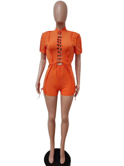 Wholesale Streetwear Jumpsuit Women 2023 One-pieces Outfits Rompers Summer Green Short Sleeve Bodycon Casual Bandage Playsuits